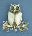 71013 Sterling Silver Marcasite Brooch Owl with Grey and White MOP 